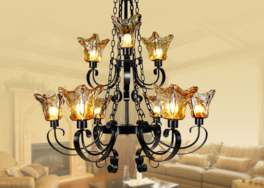বাণিজ্যিক আলংকারিক অ্যাম্বার গ্লাস বড় হোটেল Chandeliers নিয়মিত চেইন সঙ্গে 9 হাল্কা
